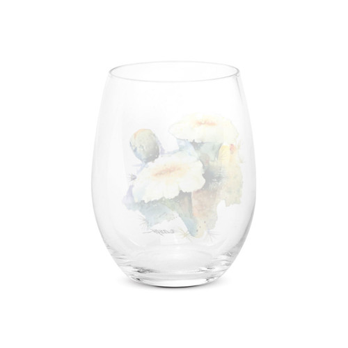 Back view of a clear stemless wine glass with a watercolor image of a flowering saguaro cactus.