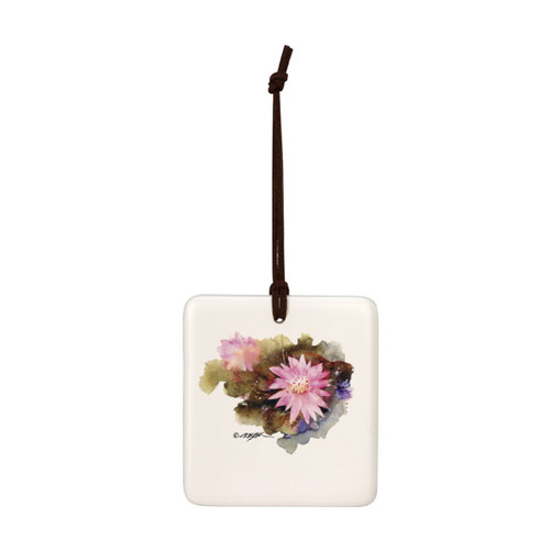 A square cream hanging tile magnet ornament with a watercolor image of a bitterroot.