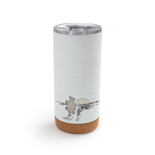 Back view of a white cork bottom tumbler with a clear plastic lid. The tumbler has an image of Pooh and Piglet and says "a Day at the beach Keeps The Bother Away".