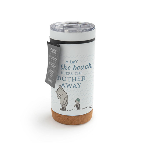 A white cork bottom tumbler with a clear plastic lid. The tumbler has an image of Pooh and Piglet and says "a Day at the beach Keeps The Bother Away", displayed with a product tag attached.