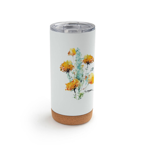 A white cork bottom tumbler with a watercolor image of sagebrush.