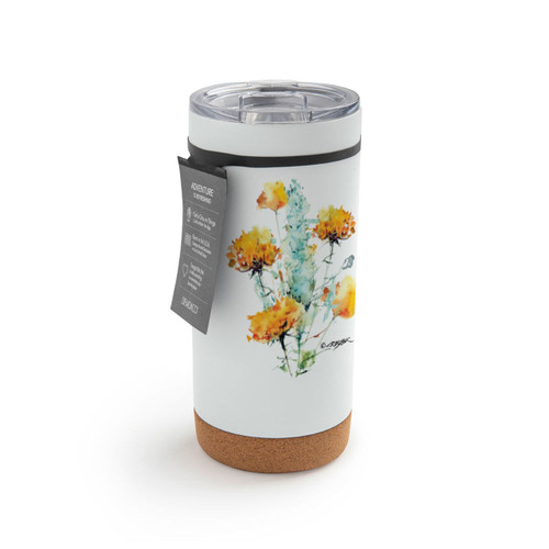 A white cork bottom tumbler with a watercolor image of sagebrush, displayed with a product tag attached.