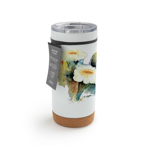 A white cork bottom tumbler with a watercolor image of a flowering saguaro cactus, displayed with a product tag attached.
