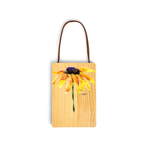 A light wood hanging gift card ornament with a watercolor image of a black eyed susan on the front. The back has a holder for a gift card.
