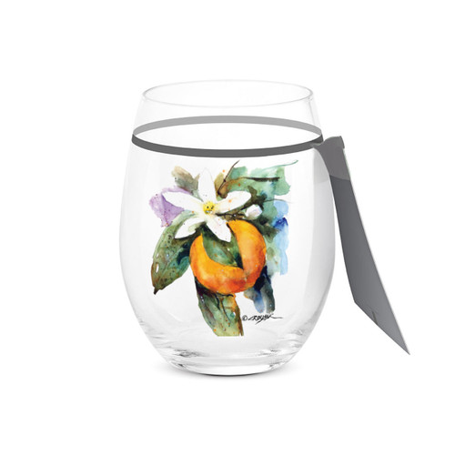 A clear stemless wine glass with a watercolor image of an orange blossom, displayed with a product tag attached.