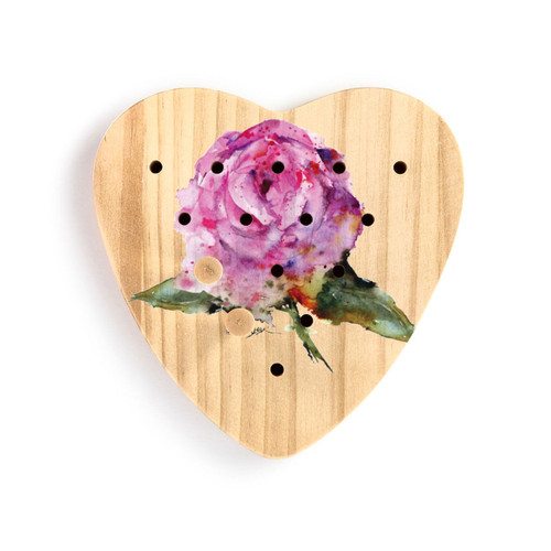 A wood heart shaped peg game with a watercolor image of a pink rose, displayed with two pegs in the game.