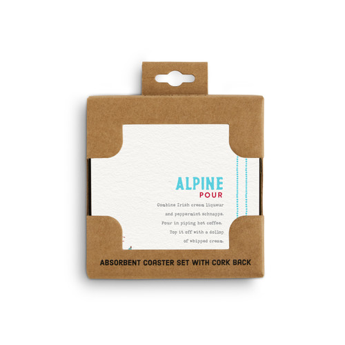 A set of four white square coasters with a basic recipe for an Alpine Pour written in blue, displayed in a packaging box.