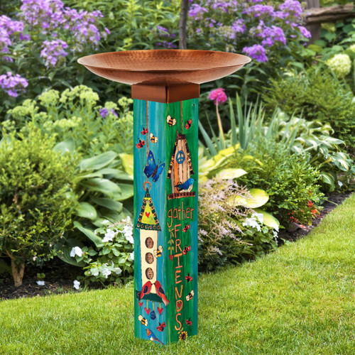 Bird Tweets Bird Bath Art Pole w/ST9021 Copper Topper