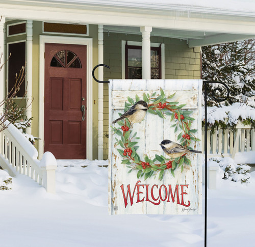 Chickadee Wreath Garden Flag slide 