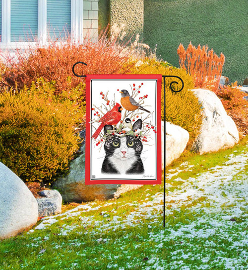 Winter Cat and Birds Garden Flag slide 