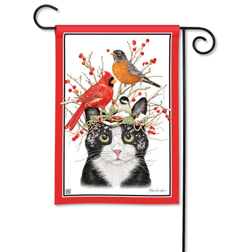 Winter Cat and Birds Garden Flag slide 