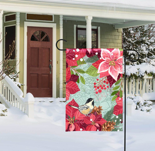 Poinsettia Chickadee Garden Flag slide 