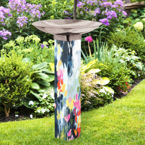 Abstract Flowers Bird Bath Art Pole w/ST9025 Stainless Steel Topper slide 