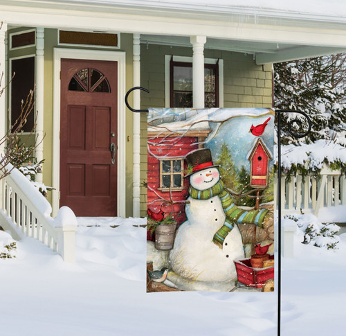 Red Barn Snowman Garden Flag slide 