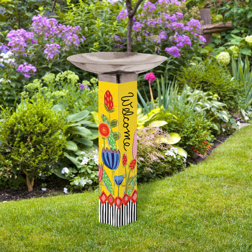 Bright Summer Flowers Bird Bath w/ST9025 Stainless Steel Topper slide 