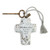 A white floral print art cross with a bronze key and a silver tassel.