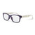 purple framed glasses with black and white print on the stems