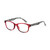 A +1.25 power pair of red readers with black and gray cheetah print sides.