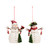 A set of two white snowmen ornaments, one holding a nested red cardinal, one wearing a black top hat. Each holding two red and white striped mittens and a tree. With a red string.