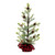 A faux green Christmas tree with several pine cones, and a red and black plaid base.