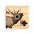 A square wood board for tic tac toe with an image of an elk, shown with a gray O and black X on top.