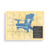 A rectangular wood 24 piece postcard puzzle with a blue Adirondack chair on a yellow background with a product information tag attached.