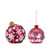 Two different red round ornaments. The large one has white snowflakes and the small has a scene of Santa in his sleigh over the town, displayed angled to the left.