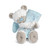 A white and brown teddy bear with blue angel wings holding a soft blue rolled blanket that says "A little angel sleeps here".