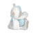 Right profile view of a white and brown teddy bear with blue angel wings holding a soft blue rolled blanket that says "A little angel sleeps here".