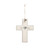 A cream ceramic hanging cross with a blue accent and says Bless this Child with a silver token at the top.
