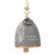 A gray bell with decorative beads and metal token. There is a feather on the bell and the saying "by my side, in my heart".