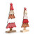 Two wood decorative trees with layered wood pieces with different designs and red and white colors. Each tree has a red star at the top, displayed angled to the right.