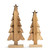 Back view of two wood decorative trees with layered wood pieces with different designs and red and white colors. Each tree has a red star at the top.