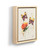 A watercolor wall art of yellow and purple butterflies and an orange flower in a light wood frame, displayed angled to the right.