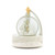 A cream ceramic snow globe with the holy family inside. There is a gold star at the top, displayed angled to the left.