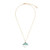 An adjustable gold chain necklace with a diamond shaped blue and white diffuser charm.