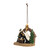 A hanging Christmas ornament of a nativity scene with black bears as the figures, displayed angled to the left.