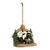 A hanging Christmas ornament of a nativity scene with black bears as the figures, displayed angled to the right.