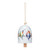 A white mini ceramic bell with a wood clapper. The bell has a watercolor image of hummingbirds on a wire on it.