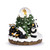 A musical snow globe with a black bear family in a Nativity scene among evergreens with a star in a glass ball at the top, displayed angled to the left.