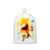Detail view of the artwork on a white mini ceramic bell with a wood clapper. The bell has a watercolor image of a sunflower on it.