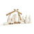A set of eleven cream figures representing the Nativity scene. There is also a wood centerpiece for the barn and star, displayed angled to the right.
