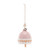Back view of a pink and white decorative bell with a silver token and beads at the top.