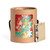 A brown cardboard packaging container with artwork and artist specific tag information for a 120 piece puzzle of a colorful contemporary vase of flowers on a red background, inspired by artwork created by ArtLifting artist Alicia Sterling Beach.