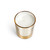 Top down view of a white candle in a white and gold round glass container. The candle name is Wild Dalia.