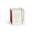Back view of the packaging box for a candle in a white and gold round glass container with a red and white packaging box. The candle name is Wild Dalia.