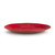 Side view showing the depth of a red oval ceramic serving platter that says "Gather 'Round" on the rim.