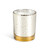 Front view of a white candle in a white and gold round glass container. The candle name is Enchanted Mornings.