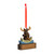 A hanging ornament with a moose paddling a canoe on a rectangular base that can be personalized, displayed angled to the right.