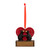 A hanging ornament of two black bears looking at each other in front of a large red heart on a rectangular base that can be personalized.